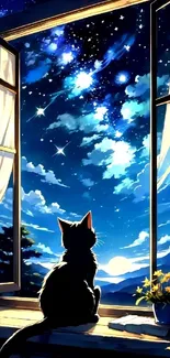 Cat gazes at starry sky through open window, creating serene and dreamy scene.