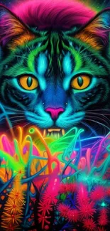 Vibrant neon cat artwork with glowing colors.