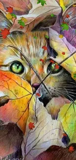 A cat with green eyes hidden among colorful autumn leaves.