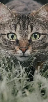 Cat stealthily hunting in frosty grass, nature-inspired wallpaper.