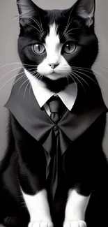 Elegant black and white tuxedo cat in a suit on a gray background.