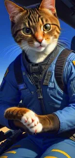 Cat wearing an astronaut suit in cockpit, against a vivid blue sky backdrop.