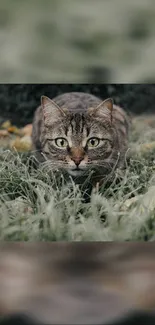 Calm tabby cat crouching in frosty grass with autumn leaves.