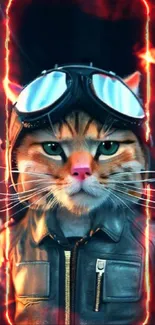 Cool cat in aviator jacket with flaming background on mobile wallpaper.