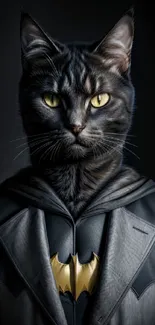 Wallpaper of a cat dressed in a Batman costume with a dark background.