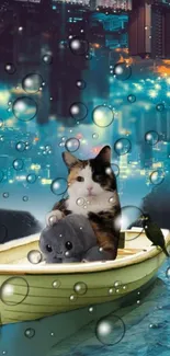 A cat in a boat with night cityscape and bubbles floating around.