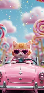 Cat with sunglasses in pink car in candy world.