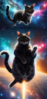 Playful cat floating in vibrant cosmic space with a galaxy backdrop.