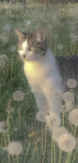 Cat walking calmly through dandelion fields at sunset.