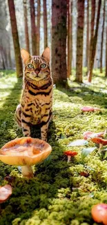 Bengal cat sitting among mushrooms in a lush green forest.