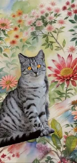 Cat sitting among colorful flowers on a wallpaper background.