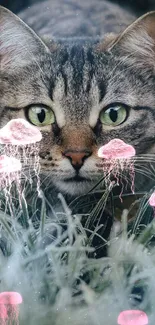 A cat with green eyes lying in frosty grass, creating a stunning mobile wallpaper.