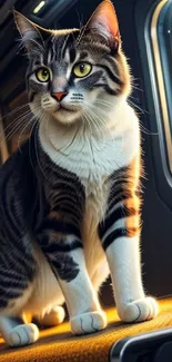 A tabby cat stands in a futuristic spaceship interior, illuminated by orange lighting.