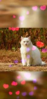 White cat sitting on grass with colorful hearts.