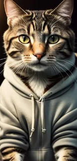 Charming tabby cat wearing a hoodie under warm studio lighting.