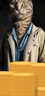 Cat in a jacket standing next to coin stacks.