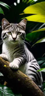 Striped cat on tree branch in jungle setting.