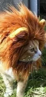 Cat dressed as a lion in a garden setting.