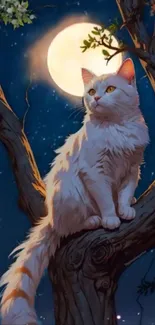 Cat on tree under full moon in night sky.