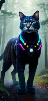 Futuristic cat with glowing harness in a misty forest.