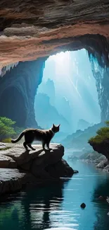 A silhouetted cat explores a teal-lit mystical cave.