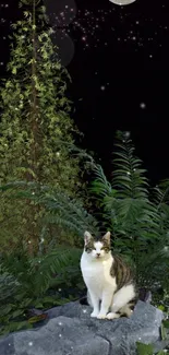 Cat sits on a rock in a mystical, starry forest at night.