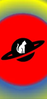 Cat silhouette on a red background with space theme.