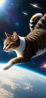 Tabby cat floating in space with Earth and stars in background.