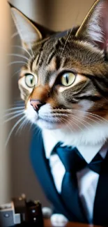 Cat wearing a suit next to a camera, styled elegantly.