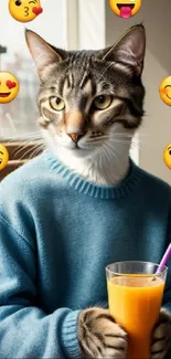 Cat wearing a sweater with emojis and a glass of juice.
