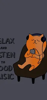 Cartoon cat with headphones relaxing to music on a dark gray background.