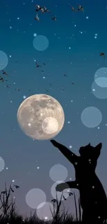 Silhouette of a cat reaching up to a full moon in a starry night sky.