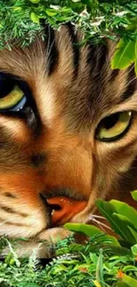 Close-up of cat's face with green leaves in a vibrant digital design.