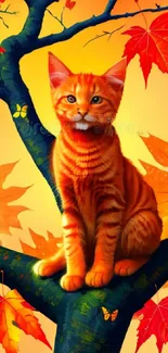 Orange tabby cat on a tree with vibrant autumn leaves.