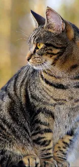 A tabby cat perched on a fence with a natural blurred background.