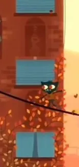 Cartoon cat walking on wire with autumn leaves and orange building.