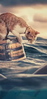 Cat on a barrel surrounded by sharks in ocean waves.