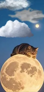 A cute cat peacefully resting atop a glowing full moon.