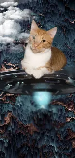 Cat sitting on a spaceship with a dark, textured fantasy background.