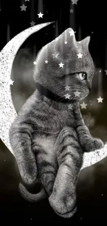 Gray tabby cat seated on a crescent moon with stars in a dark, mystical sky.