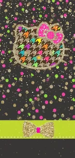 Cute cat pattern with glitter and colorful dots on a mobile wallpaper.