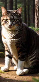 Majestic cat sitting in a lush green forest setting.