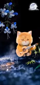 Cute cat playing guitar under a moonlit night sky with blue flowers.