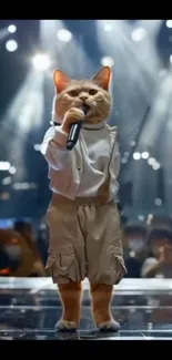 Cat dressed as a rockstar performing on stage with microphone.