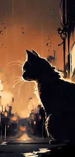 Silhouette of a cat in a rainy urban night scene.