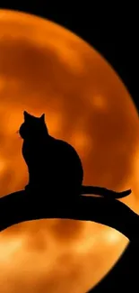 Cat silhouette against a glowing orange moon wallpaper.