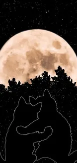 Two cats silhouetted against a full moon and starry night sky.