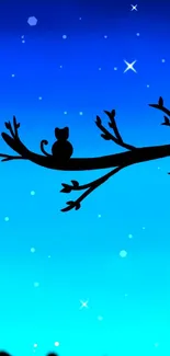 Cat silhouette on branch under a starry blue sky mobile wallpaper.