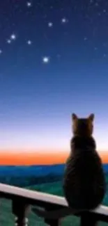 Cat gazes at starry night sky from balcony, serene evening scene.