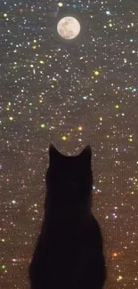 Silhouette of a cat gazing at a starry night sky with a full moon.